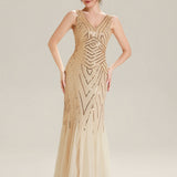 ever GLAMOUR|Robe longue sans manches à décolleté en V profond en mermaid avec patchwork de sequins à haute élasticité