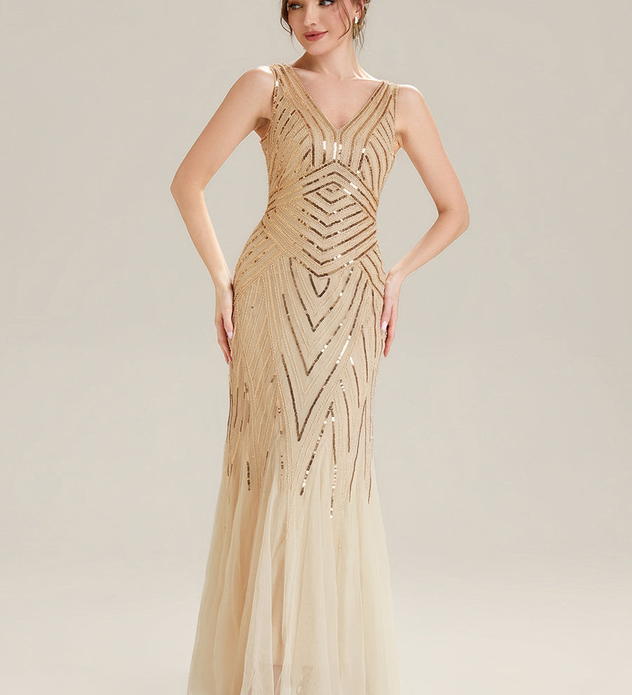 ever GLAMOUR|Robe longue sans manches à décolleté en V profond en mermaid avec patchwork de sequins à haute élasticité
