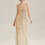 ever GLAMOUR|Robe longue sans manches à décolleté en V profond en mermaid avec patchwork de sequins à haute élasticité