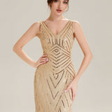 ever GLAMOUR|Robe longue sans manches à décolleté en V profond en mermaid avec patchwork de sequins à haute élasticité