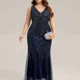 ever GLAMOUR|Robe longue sans manches à décolleté en V profond en mermaid avec patchwork de sequins à haute élasticité