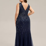 ever GLAMOUR|Robe longue sans manches à décolleté en V profond en mermaid avec patchwork de sequins à haute élasticité