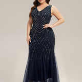 ever GLAMOUR|Robe longue sans manches à décolleté en V profond en mermaid avec patchwork de sequins à haute élasticité