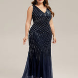 ever GLAMOUR|Robe longue sans manches à décolleté en V profond en mermaid avec patchwork de sequins à haute élasticité