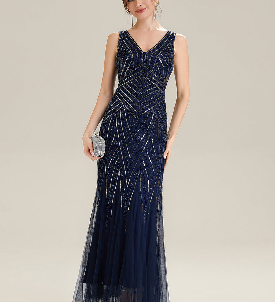 ever GLAMOUR|Robe longue sans manches à décolleté en V profond en mermaid avec patchwork de sequins à haute élasticité