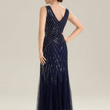 ever GLAMOUR|Robe longue sans manches à décolleté en V profond en mermaid avec patchwork de sequins à haute élasticité