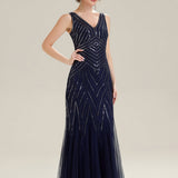 ever GLAMOUR|Robe longue sans manches à décolleté en V profond en mermaid avec patchwork de sequins à haute élasticité