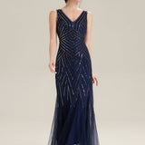 ever GLAMOUR|Robe longue sans manches à décolleté en V profond en mermaid avec patchwork de sequins à haute élasticité