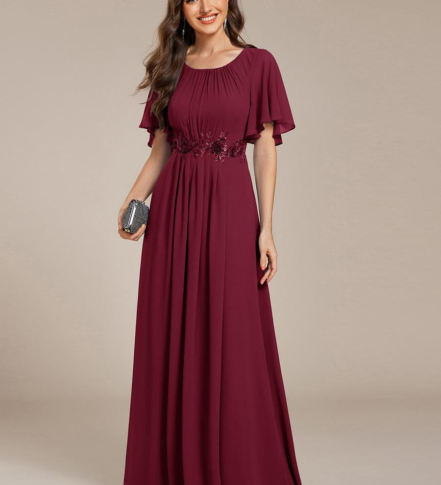 ever ASPYN|Robe de soirée trapèze à manches courtes et appliques plissées