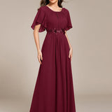 ever ASPYN|Robe de soirée trapèze à manches courtes et appliques plissées