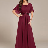 ever ASPYN|Robe de soirée trapèze à manches courtes et appliques plissées