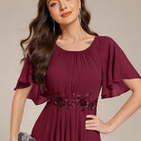 ever ASPYN|Robe de soirée trapèze à manches courtes et appliques plissées
