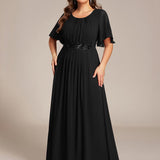 ever ASPYN|Robe de soirée trapèze à manches courtes et appliques plissées