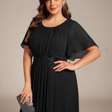 ever ASPYN|Robe de soirée trapèze à manches courtes et appliques plissées