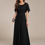 ever ASPYN|Robe de soirée trapèze à manches courtes et appliques plissées