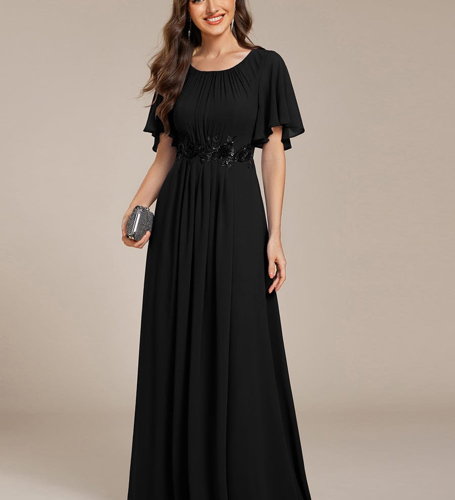 ever ASPYN|Robe de soirée trapèze à manches courtes et appliques plissées