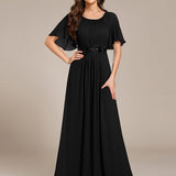 ever ASPYN|Robe de soirée trapèze à manches courtes et appliques plissées