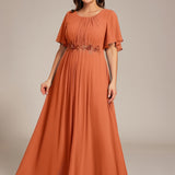 ever ASPYN|Robe de soirée trapèze à manches courtes et appliques plissées