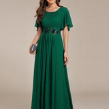ever ASPYN|Robe de soirée trapèze à manches courtes et appliques plissées