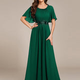ever ASPYN|Robe de soirée trapèze à manches courtes et appliques plissées