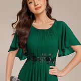 ever ASPYN|Robe de soirée trapèze à manches courtes et appliques plissées