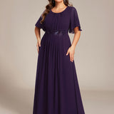 ever ASPYN|Robe de soirée trapèze à manches courtes et appliques plissées