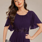 ever ASPYN|Robe de soirée trapèze à manches courtes et appliques plissées