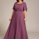 ever ASPYN|Robe de soirée trapèze à manches courtes et appliques plissées