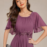 ever ASPYN|Robe de soirée trapèze à manches courtes et appliques plissées