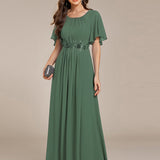 ever ASPYN|Robe de soirée trapèze à manches courtes et appliques plissées