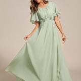 ever ASPYN|Robe de soirée trapèze à manches courtes et appliques plissées