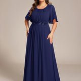 ever ASPYN|Robe de soirée trapèze à manches courtes et appliques plissées