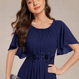 ever ASPYN|Robe de soirée trapèze à manches courtes et appliques plissées