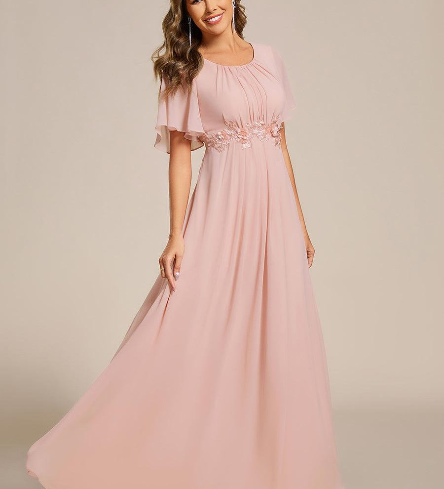 ever ASPYN|Robe de soirée trapèze à manches courtes et appliques plissées