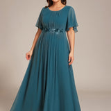 ever ASPYN|Robe de soirée trapèze à manches courtes et appliques plissées