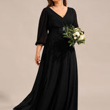 ever OLIVIA|Robe de soirée trapèze taille empire en mousseline à manches longues
