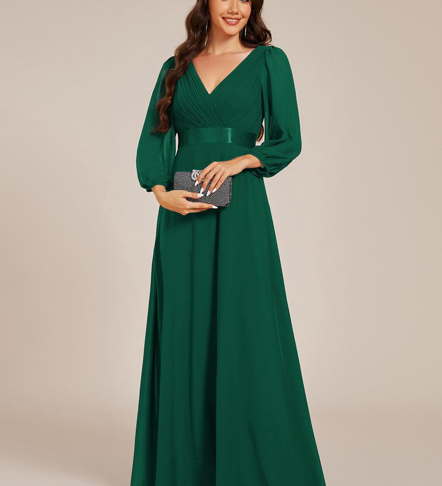 ever OLIVIA|Robe de soirée trapèze taille empire en mousseline à manches longues
