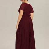 ever DAPHNE|Robe de soirée formelle scintillante à manches courtes et col en V