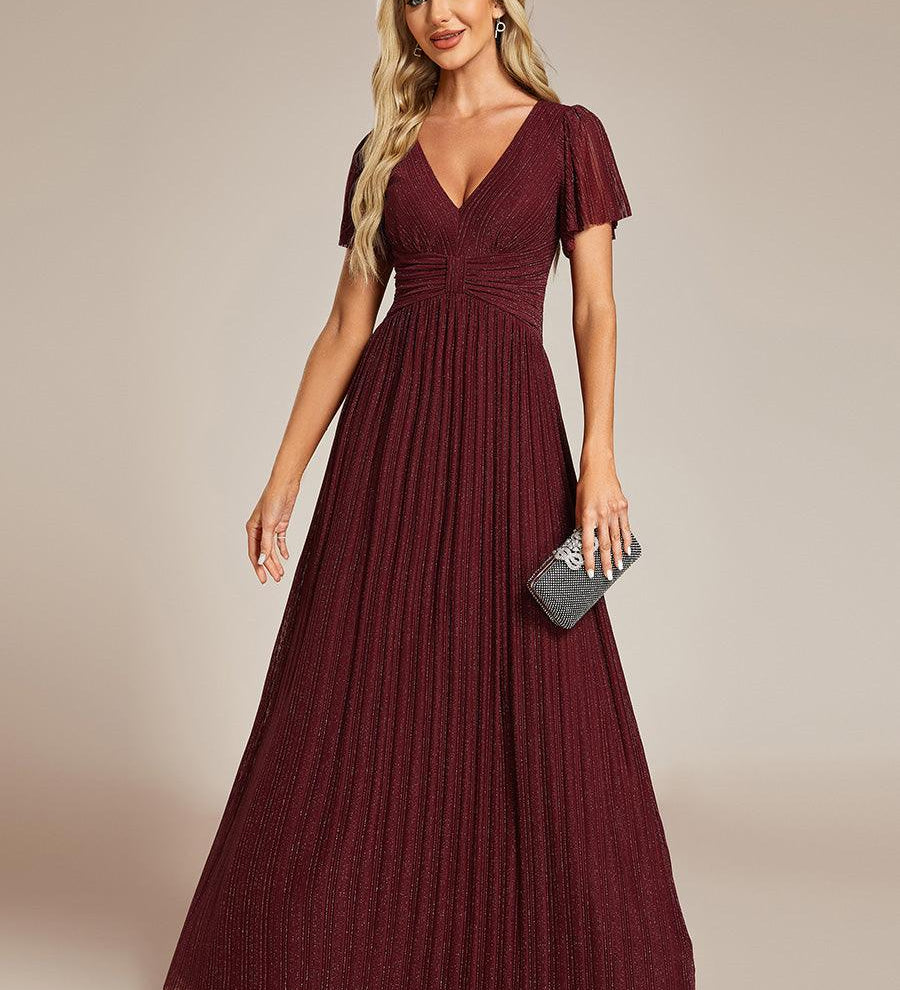 ever DAPHNE|Robe de soirée formelle scintillante à manches courtes et col en V