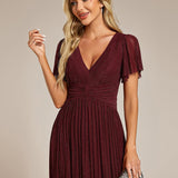 ever DAPHNE|Robe de soirée formelle scintillante à manches courtes et col en V