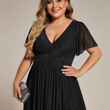 ever DAPHNE|Robe de soirée formelle scintillante à manches courtes et col en V