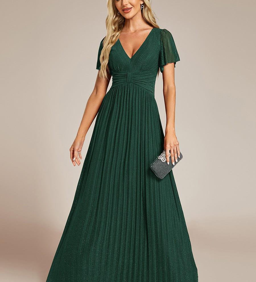 ever DAPHNE|Robe de soirée formelle scintillante à manches courtes et col en V