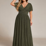 ever DAPHNE|Robe de soirée formelle scintillante à manches courtes et col en V