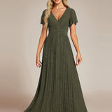 ever DAPHNE|Robe de soirée formelle scintillante à manches courtes et col en V