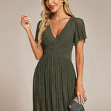 ever DAPHNE|Robe de soirée formelle scintillante à manches courtes et col en V