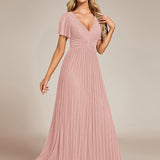 ever DAPHNE|Robe de soirée formelle scintillante à manches courtes et col en V
