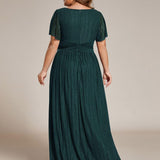 ever DAPHNE|Robe de soirée formelle scintillante à manches courtes et col en V