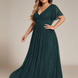 ever DAPHNE|Robe de soirée formelle scintillante à manches courtes et col en V