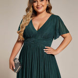 ever DAPHNE|Robe de soirée formelle scintillante à manches courtes et col en V