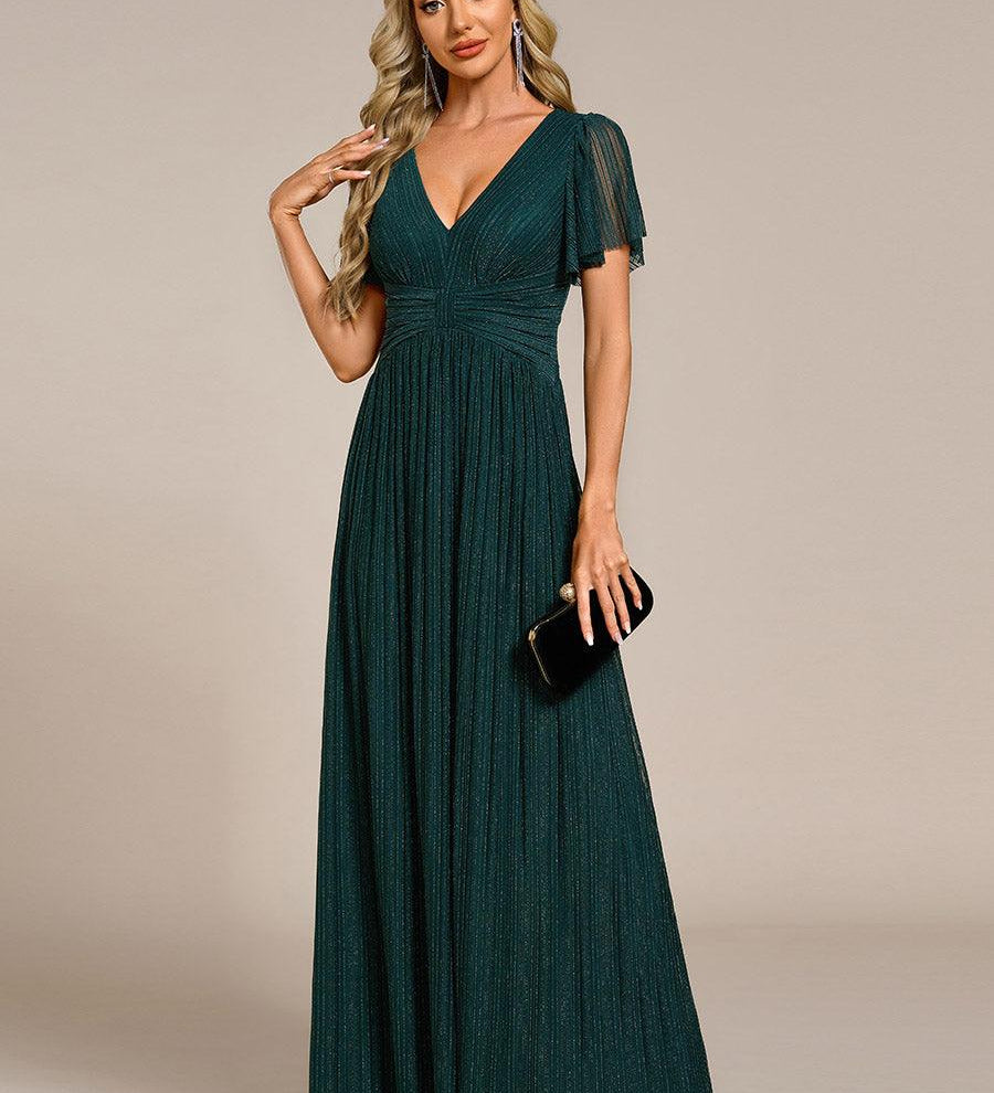 ever DAPHNE|Robe de soirée formelle scintillante à manches courtes et col en V